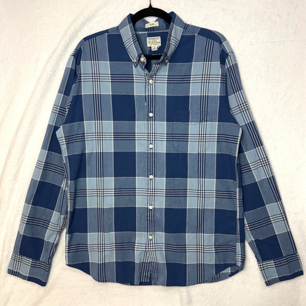 NWT J Crew L Slim Secret Wash Shirt Blue Plaid Preppy Coastal Business Casual
